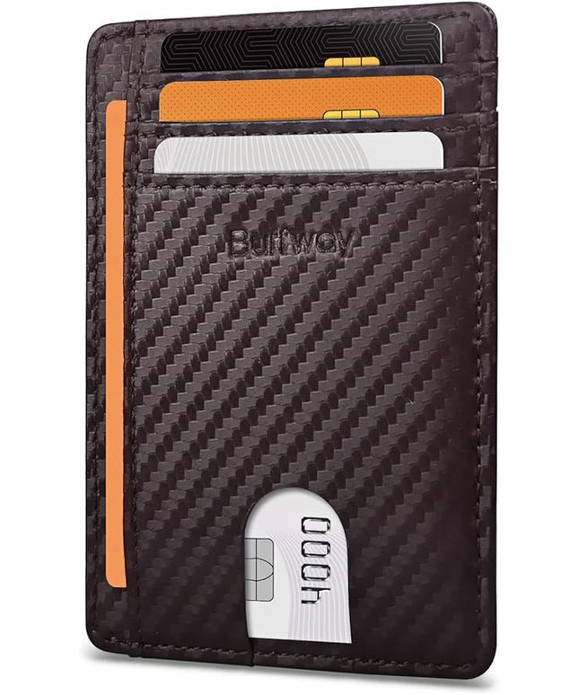 Buffway Slim Minimalist Front Pocket RFID Blocking Leather Wallets for Men and Women - Carbon Fiber Coffee