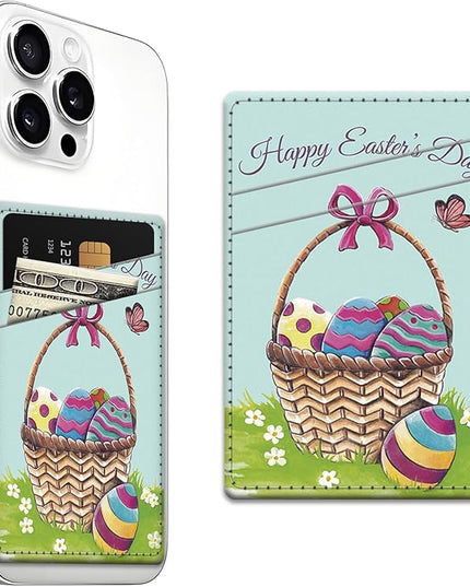 Phone Card Holder, Dual Pocket Leather Wallet Adhesive Stick On, Cute Credit Card Holder for Smartphones Case Compatible with Most Phone（Colored eggs）