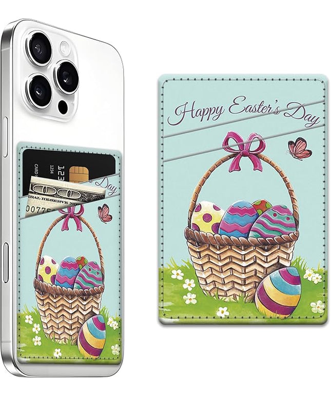 Phone Card Holder, Dual Pocket Leather Wallet Adhesive Stick On, Cute Credit Card Holder for Smartphones Case Compatible with Most Phone（Colored eggs）