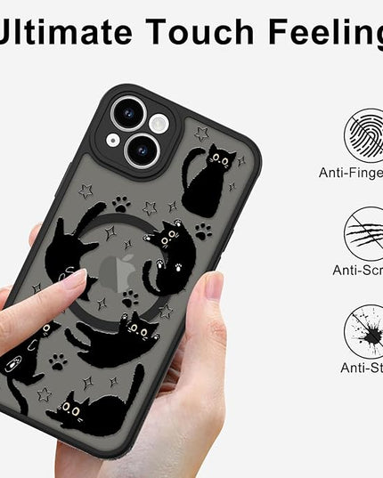 Cute Magnetic Case for iPhone 14 Case [ Compatible with MagSafe ] with Black Cat Cats Pattern Design for Women Girls Boys, Soft Bumper Hard Back Kawaii Animal Protective Phone Cover