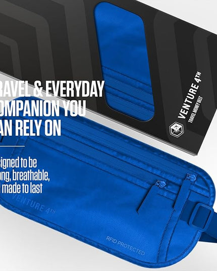 VENTURE 4TH Money Belt for Travel – Hidden Under-Clothes RFID Blocking Passport Holder & Slim Travel Wallet Pouch for Men & Women to Protect Cash, Cards & Documents (Sleek Blue)