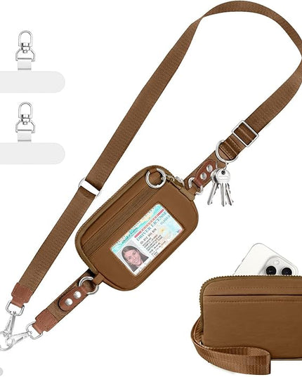 Clip and Go Strap for Phone with Wallet Crossbody Phone Lanyard Adjustable and Detachable RFID Wristlet Wallet with ID Window and Zipper, Brown Large