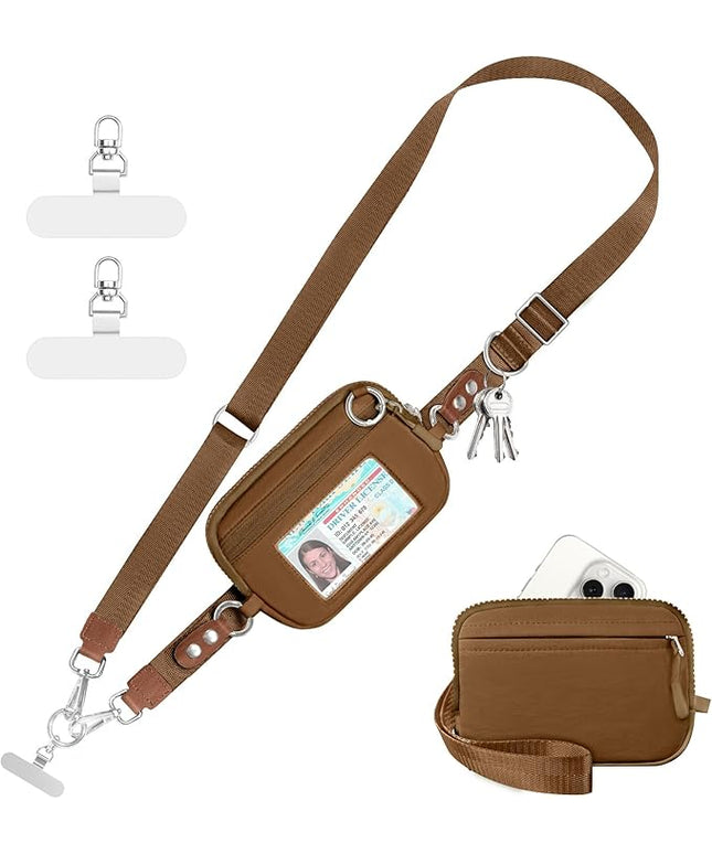 Clip and Go Strap for Phone with Wallet Crossbody Phone Lanyard Adjustable and Detachable RFID Wristlet Wallet with ID Window and Zipper, Brown Large