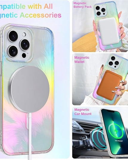 Glitter Case for iPhone 13 Pro Case for Women Girls [ Compatible with Magsafe ] Clear Cute Aesthetic Girly Iridescent Feather Sparkly Bling Magnetic Phone Cover, Gradient Blue & Pink