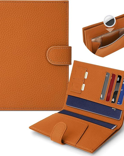 Genuine Leather Passport Holder for Women Men, Hidden Airtag Pocket, RFID Blocking, Zippered Coins Pocket & Cash Compartment Travel Gifts Essentials Passport Cover Case - Yellowish-brown