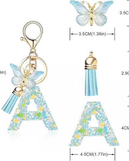 Fashion Alphabet Initial Letter Keychain Tassel Butterfly Pendant Key Ring for Purse Handbags Women Girl