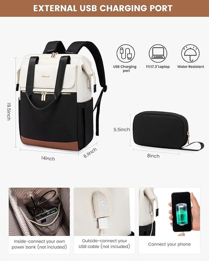 LOVEVOOK 17.3 Inch Laptop Backpack for Women, Large Capacity Travel Backpack with Organizer Bag, Waterproof Carry on Backpack Work Bag with USB Port, Teacher Nurse Backpack Purse, 2PCS, Beige-Black