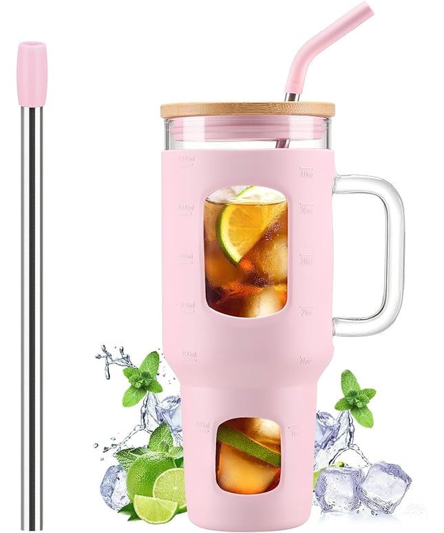 Glass Tumbler with Straw and Lid, 40 oz glass cup with handle, Glass Water Bottles with Time Marker, Silicone Protective Sleeve-Pink