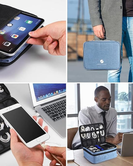 Travel Electronics Organizer, Waterproof Cable Organizer Bag for Electronic Accessories Double Layer Large Shockproof Cable Storage Bag for Cord, Power Bank, Tablet(Up to iPad 11 inch) - Denim blue