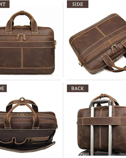 Augus Leather Messenger Bag for Men Vintage Travel Backpack 17 inch laptop Briefcase Shoulder Bags