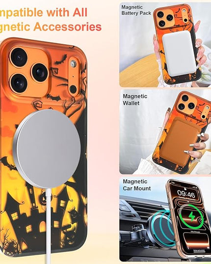 Halloween Case for iPhone 17 Pro Max Case [ Compatible with Magsafe ] Holographic Orange Sky with Black Castle, Bats, Ghosts, Pumpkins Pattern Design, Creative Magnetic Protective Phone Cover