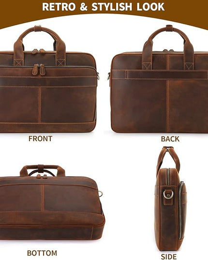 Jack&Chris Full Grain Leather Briefcase for Men, Business Messenger Bag Laptop Bag Attache Case, Fits 15.6 Inch Laptop
