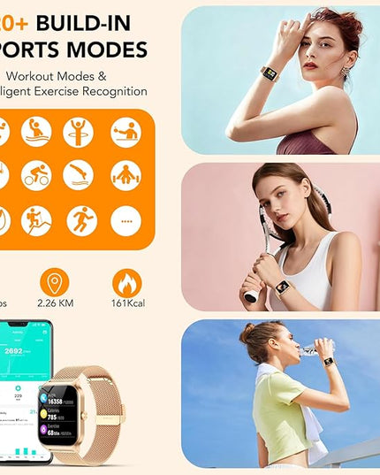 CASCHO Smart Watches for Women (Android/iOS), 1.85" HD Smart Watch with Calls/Messages/AI Voice Control, Sleep/Heart Rate, 120+ Sports Modes Fitness Tracker Watch, Gold & Pink Dual Strap