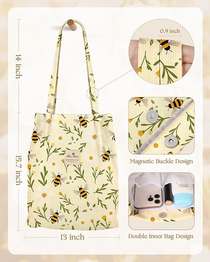 Corduroy Tote Bag for Women - Reusable Totes with Pocket & Buckle Cute Aesthetic Shoulder Bag for Work Travel