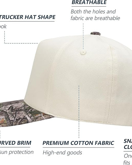 Vintage Trendy Trucker Hat, Structured 5-Panel Snapback Hat, Adjustable Cotton Solid or 2-Tone Baseball Cap Men Women