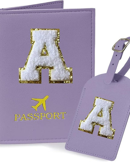 COSHAYSOO Purple Passport Cover Holder and Initial Luggage Tag Set TSA Approved with Personalized Monogram Chenille Letter Patch for Women Teen Girls, Cute Travel Bag Suitcase Identifier (A)