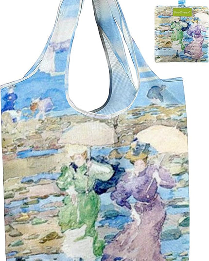 BeeGreen Oil Painting Seascape Tote Bag - Large Reusable Grocery Bag, Polyester Grocery Bags Gifts for Women,Foldable, Washable, Packable with Handles & Pouch for Shopping, Beach, Work, Summer