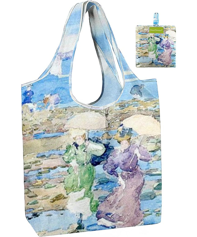 BeeGreen Oil Painting Seascape Tote Bag - Large Reusable Grocery Bag, Polyester Grocery Bags Gifts for Women,Foldable, Washable, Packable with Handles & Pouch for Shopping, Beach, Work, Summer