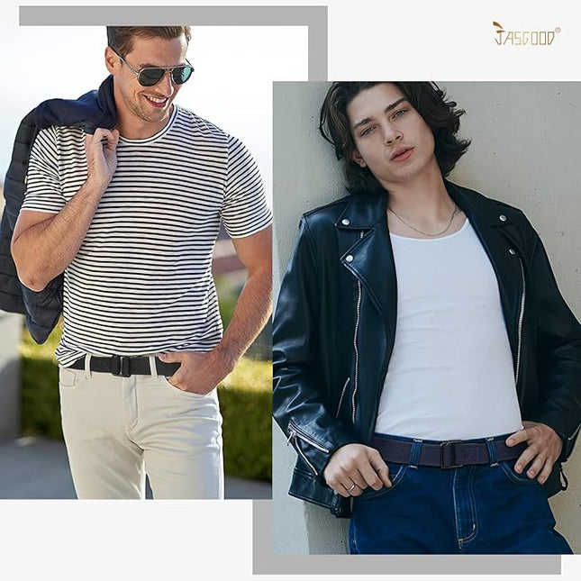 JASGOOD Men Canvas Fabric Belts Casual Web Cloth Belts with Black Double Ring Buckle 2 Pack