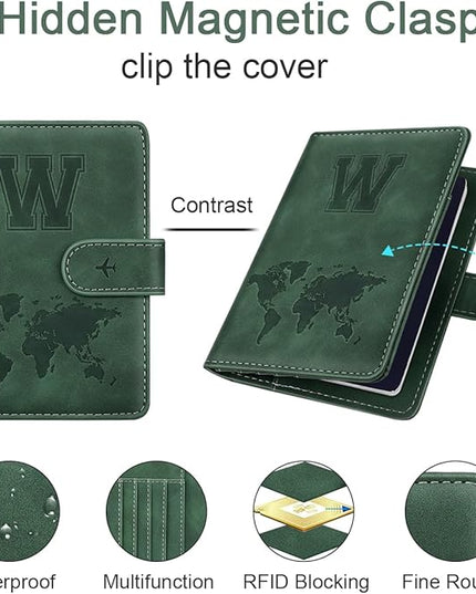 Personalized W Passport Holder Cover Initial Letter Travel Wallet RFID Blocking Passport Cover Credit Card Holder Case Passport Book Holders for Women and Men, Pine Green-W