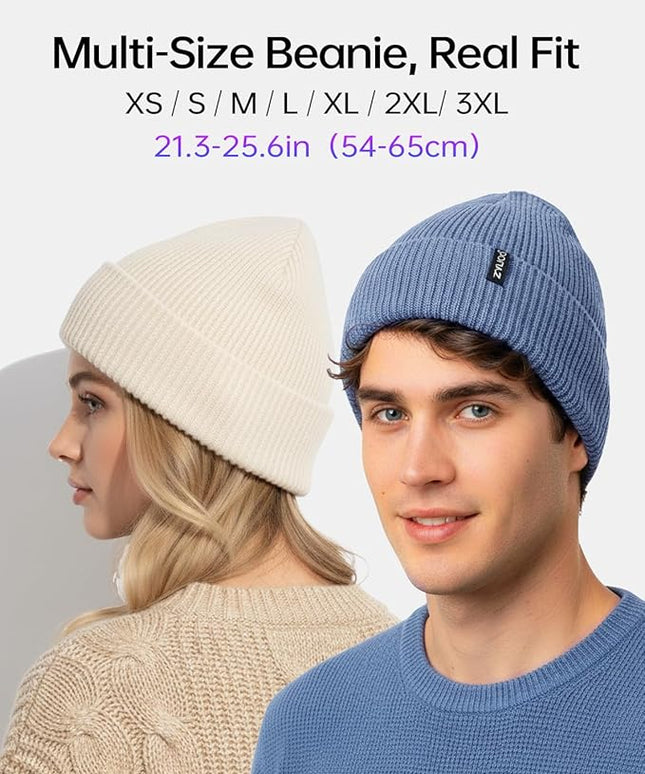 Zylioo Oversize Beanie Hats, XXL Big Size Ribbed Knit Cuffed Winter Hat for Cold Weather, Warm Skull Watch Cap