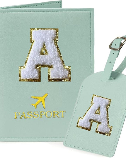 COSHAYSOO Green Passport Cover Holder and Initial Luggage Tag Set TSA Approved with Personalized Monogram Chenille Letter Patch for Women Teen Girls, Cute Travel Bag Suitcase Identifier (A)