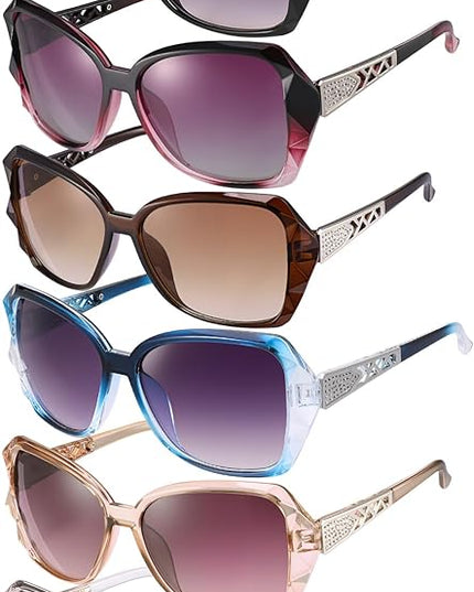 DragonflyDreams 4 Pcs Women Large Sunglasses, UV 400 Glasses Oversized Classic Trend Ladies Sunglasses Sparkling Large Frame