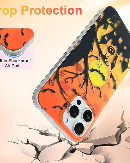Halloween Case for iPhone 16 Pro Max Case [ Compatible with Magsafe ] Holographic Orange Sky with Black Castle, Bats, Ghosts, Pumpkins Pattern Design, Creative Magnetic Protective Phone Cover