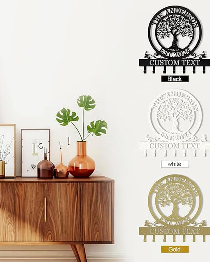 KAINSY Personalized Metal Key Holder Tree of Life - Custom Name, Key Hooks, Coat Rack, Key Hanger for Wall, Home Decor, Housewarming Gift