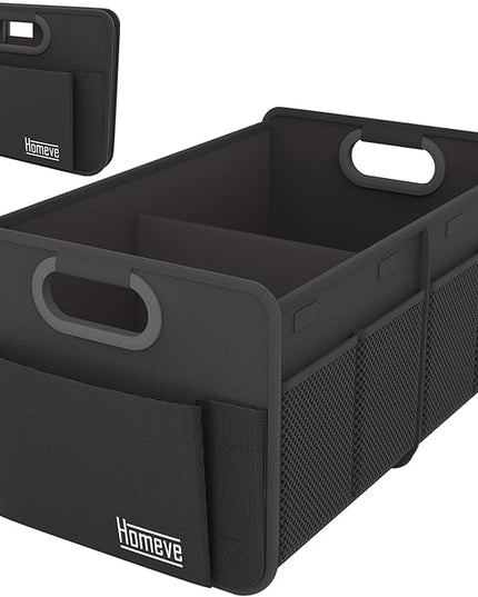 Homeve Trunk Organizer, Car Storage, Reinforced Handles, Collapsible Multi-Compartment, Foldable, Waterproof, Sturdy, 600D Oxford Polyester For Car, SUV, Mini-Van, Black, 2 Compart-Small