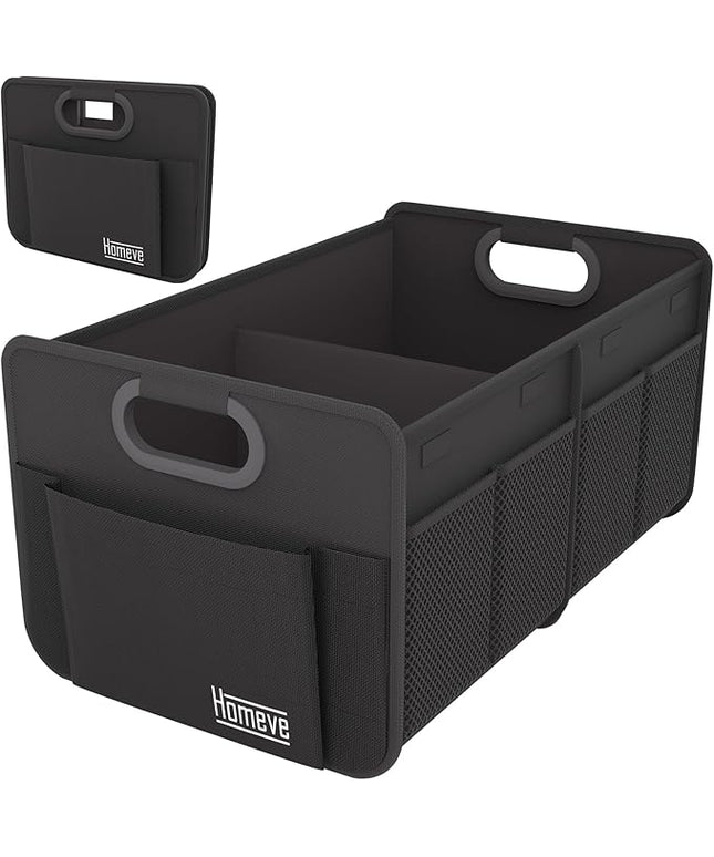 Homeve Trunk Organizer, Car Storage, Reinforced Handles, Collapsible Multi-Compartment, Foldable, Waterproof, Sturdy, 600D Oxford Polyester For Car, SUV, Mini-Van, Black, 2 Compart-Small