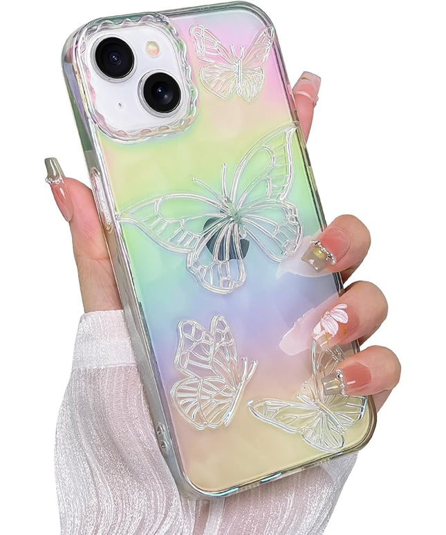 Cute Case for iPhone 14 Plus & iPhone 15 Plus Case for Women Girls, with 3D Butterflies Pattern Design, Aesthetic Clear Iridescent Glitter Kawaii Girly Rainbow Protective Phone Cover