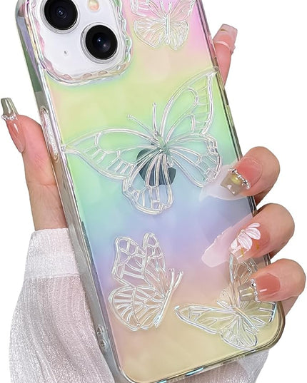 Cute Case for iPhone 14 & 13 Case for Women Girls, with 3D Butterflies Pattern Design, Aesthetic Clear Iridescent Glitter Kawaii Girly Rainbow Protective Phone Cover