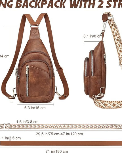 Sling Bag Crossbody Backpack - 2 in 1 Leather Cross Body Bag Fanny Pack with 2 Removable Straps