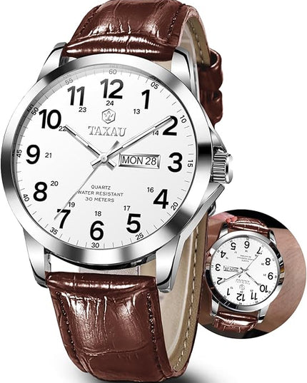 Men's Watches Leather Band Stainless Steel Quartz Analog Watch Luxury Waterproof Watches for Men Dress Men's Wrist Watch with Day Date Arabic Numeral Relojes para Hombre