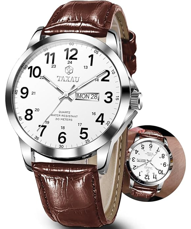 Men's Watches Leather Band Stainless Steel Quartz Analog Watch Luxury Waterproof Watches for Men Dress Men's Wrist Watch with Day Date Arabic Numeral Relojes para Hombre