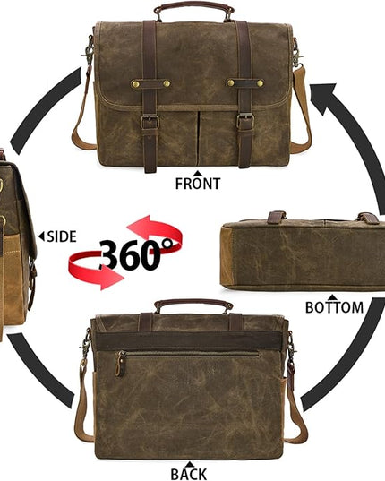 Mens Messenger Bag 15.6 Inch Waterproof Vintage Genuine Leather Waxed Canvas Briefcase Large Leather Computer Laptop Bag Rugged Satchel Shoulder Bag, Coffee