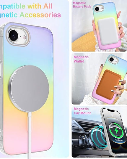 Cute Case for iPhone 16e Case for Women Girls [Compatible with Magsafe] Aesthetic Girly Glitter Bling Rainbow Magnetic Protective Phone Cover, Translucent Iridescent Blue & Pink