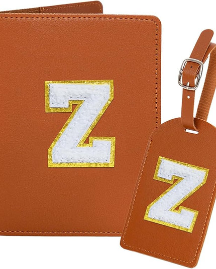 ULICO Initial Passport Cover and Luggage Tag Set,PU Leather Letter Passport Case Holder Travel Suitcase Tag, Personalized Travel Luggage Accessories Gifts for Women Kids Teenage Brown Z