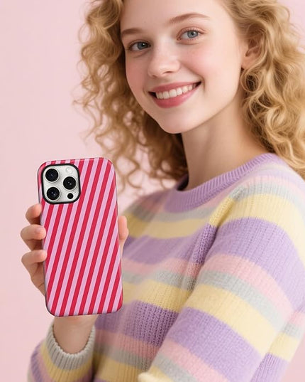 Magnetic for iPhone 16 Pro Case Cute Diagonal Stripes Phone Case, Shockproof Slim TPU and Hard PC Protective Phone Cover Compatible with MagSafe Designed for Women Girls,Red