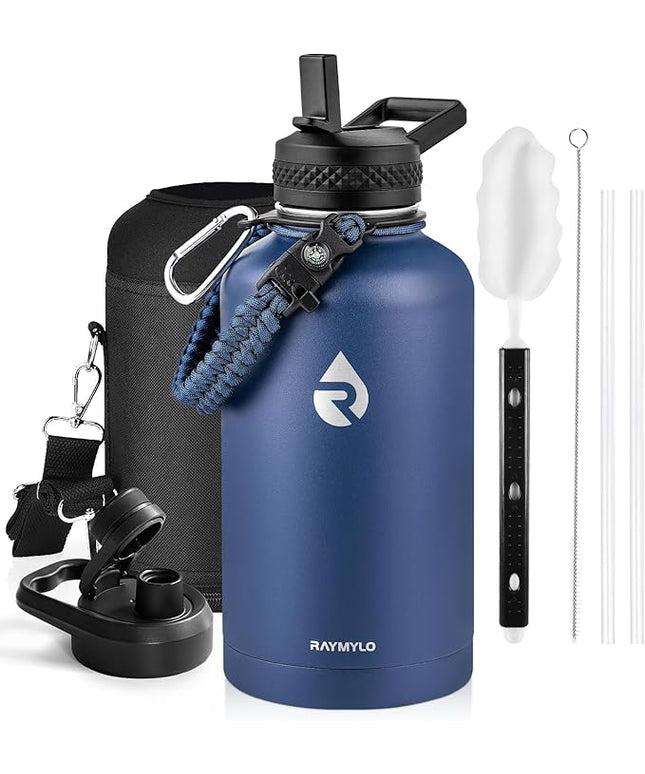 Insulated Water Bottle 64 oz, Triple Wall Vacuum Stainless Steel (Cold for 48 Hrs), Leak Proof & Non-BPA, Half Gallon Water Flask Jug with Paracord Handle & Straw Spout Lids, Navy Blue