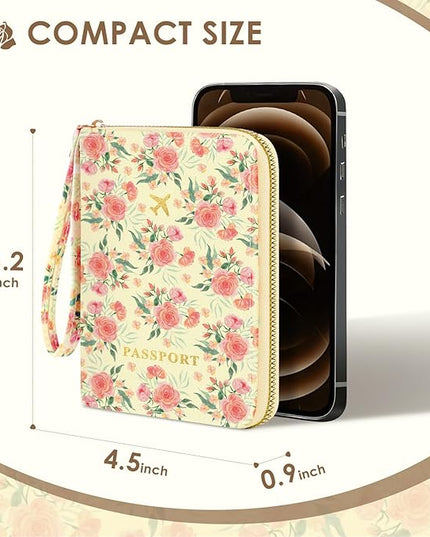 Passport Holder, Passport Holder For Travel, Passport Cover For Travel Essentials, Passport Wallet Cover RFID Blocking, Cute Passport Book for Women and Men, Pink Flowers
