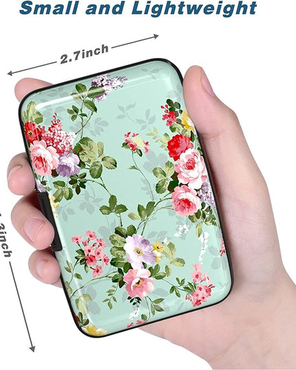 Atufsuat Credit Card Holder, Mini Aluminum Card Wallet RFID Blocking Slim Metal Hard Card Case for Women Men, Green Flowers