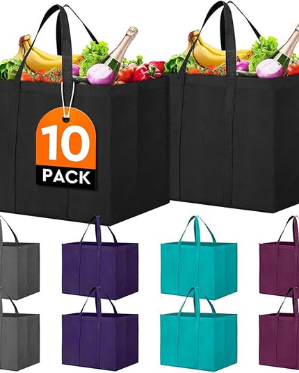 WISELIFE Reusable Grocery Shopping Bags 10 Pack Large Foldable Tote Bags Bulk, Long Handle for Shopping Groceries Clothes (New 5 Colors)