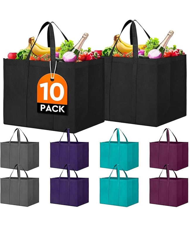WISELIFE Reusable Grocery Shopping Bags 10 Pack Large Foldable Tote Bags Bulk, Long Handle for Shopping Groceries Clothes (New 5 Colors)