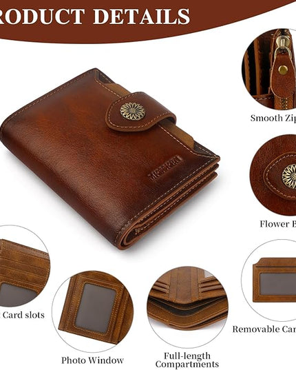 MKSSKEN RFID Wallet Women,Bifold Leather Womens Wallet,Compact Designer Carteras Para Mujer Card Holder with Removable ID Window(darkbrown)