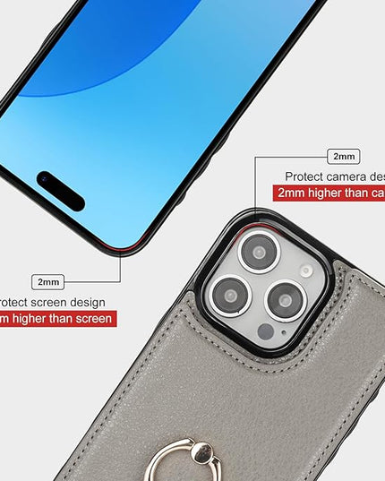 Folosu Compatible with iPhone 16 Pro Max Case Wallet with Card Holder, 360°Rotation Finger Ring Holder Kickstand, RFID Blocking Leather Protective Double Buttons Shockproof Cover 6.9 Inch Gray