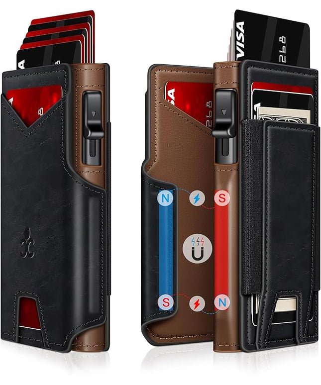 Wallet for Men Wallet with Slim Pop Up Card Holder 9-13 Cards, Bifold Minimalist Smart Wallet RFID Blocking Credit Card Holder with ID Window & Stretchable Cash Slot Compact Metal Aluminum Card Case