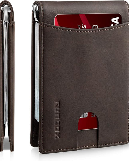 RUNBOX Slim Wallet for Men Genuine Leather RFID Blocking Bifold Minimalist Front Pocket Mens Wallet with Money Clip Thin Gift Box