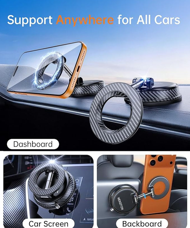 Upgraded Car Phone holder for Magsafe [120LBS Suction Cup & 3000gf Magnet ] 1100° Adjustable Vacuum Magnetic Phone Holders for Your Car, Dashboard Car Mount Bracket for iPhone & Android, Carbon Fiber